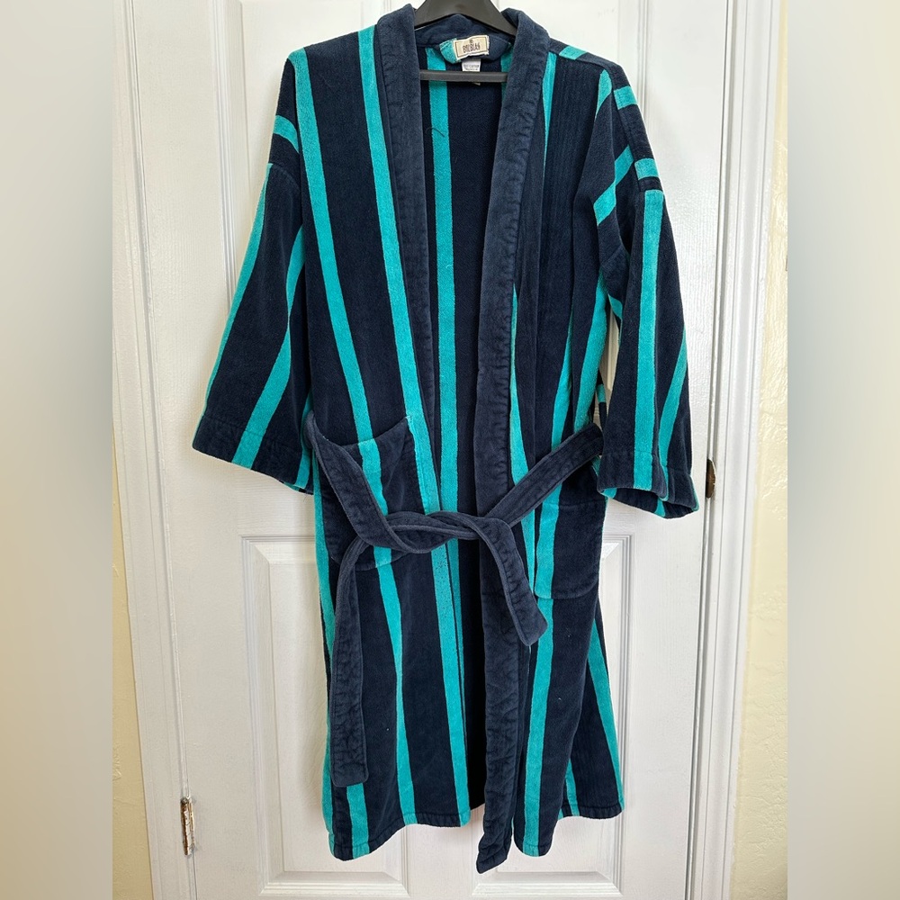 Bill Blass Navy and Teal Striped Robe